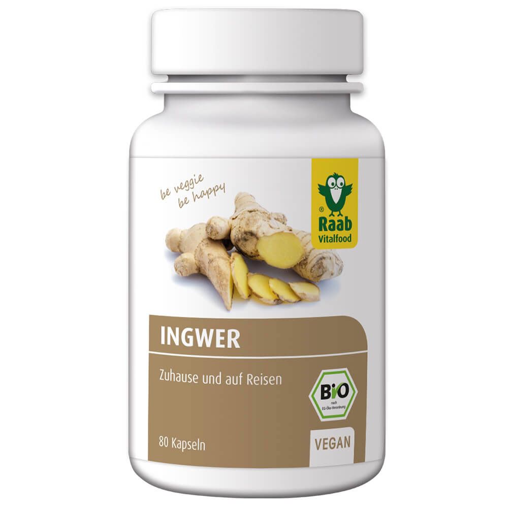Weiße Flasche mit Kapseln. Aufschrift: Ingwer, Zuhause und auf Reisen. Bio-Siegel und Vegan-Logo. Raab Vitalfood Logo.