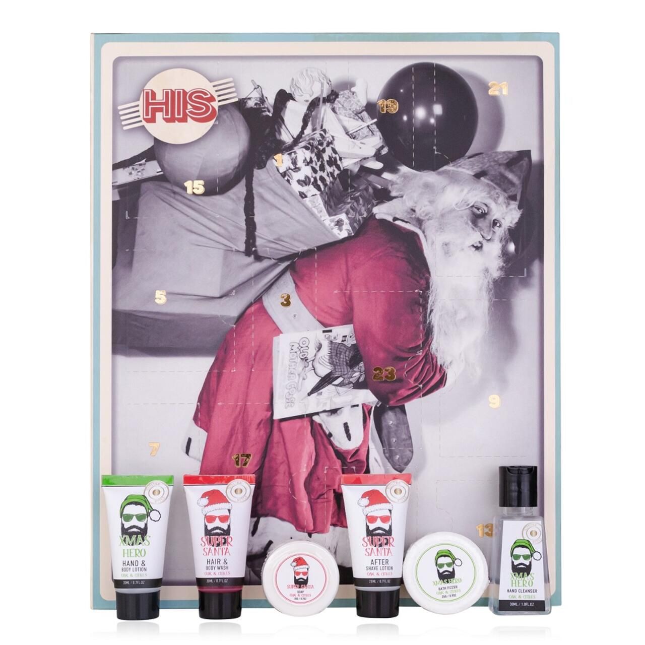 Adventskalender mit Vintage-Bild eines Mannes in Santa-Kostüm. Produkte: Handcreme, Seife, Aftershave, Duschgel, Rasierer.