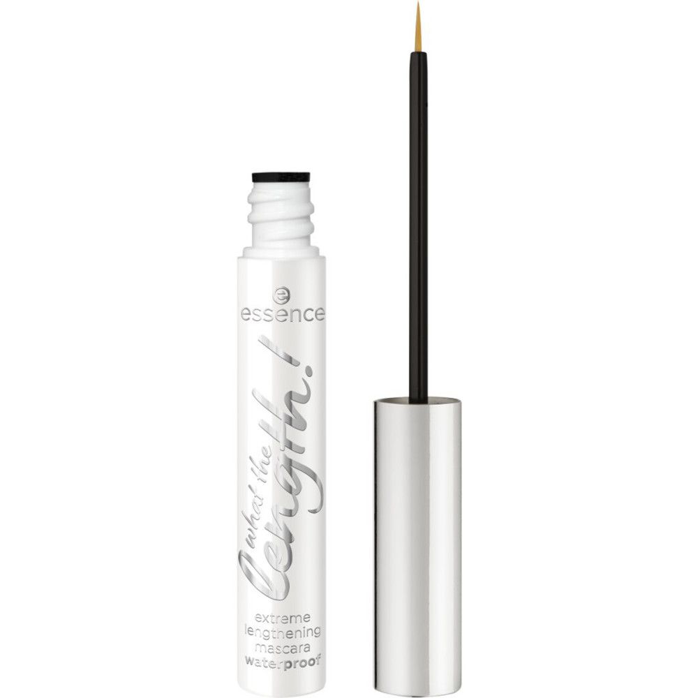 Essence Wimpernwachstumsserum: Fläschchen mit Applikator. Weißer Behälter mit silberner Schrift.