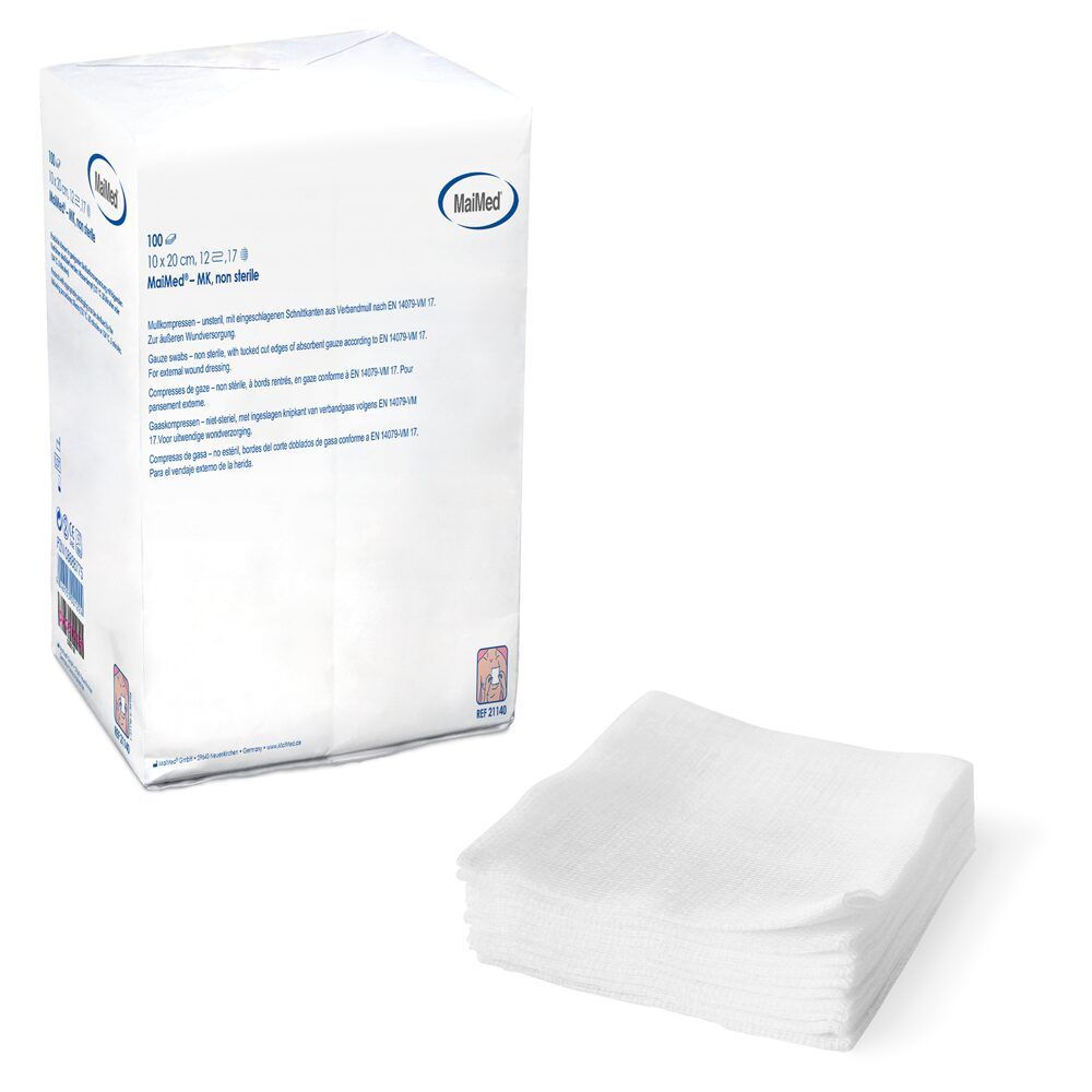 Weiße Mullkompressen, steril, 10x20 cm, 12-fach gewebt. Verpackung und Stapel von Kompressen.