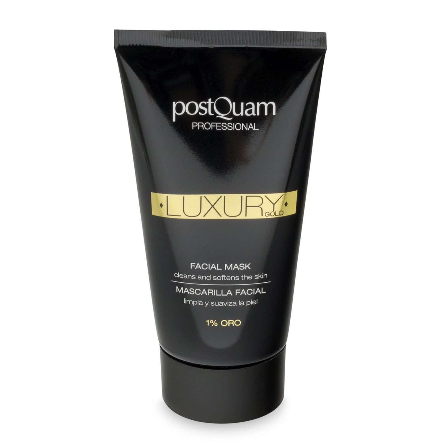 Schwarze Tube mit goldener Aufschrift. Text: Postquam Professional, Luxury Gold, Facial Mask, 1% Oro. Reinigt und macht die Haut weich.
