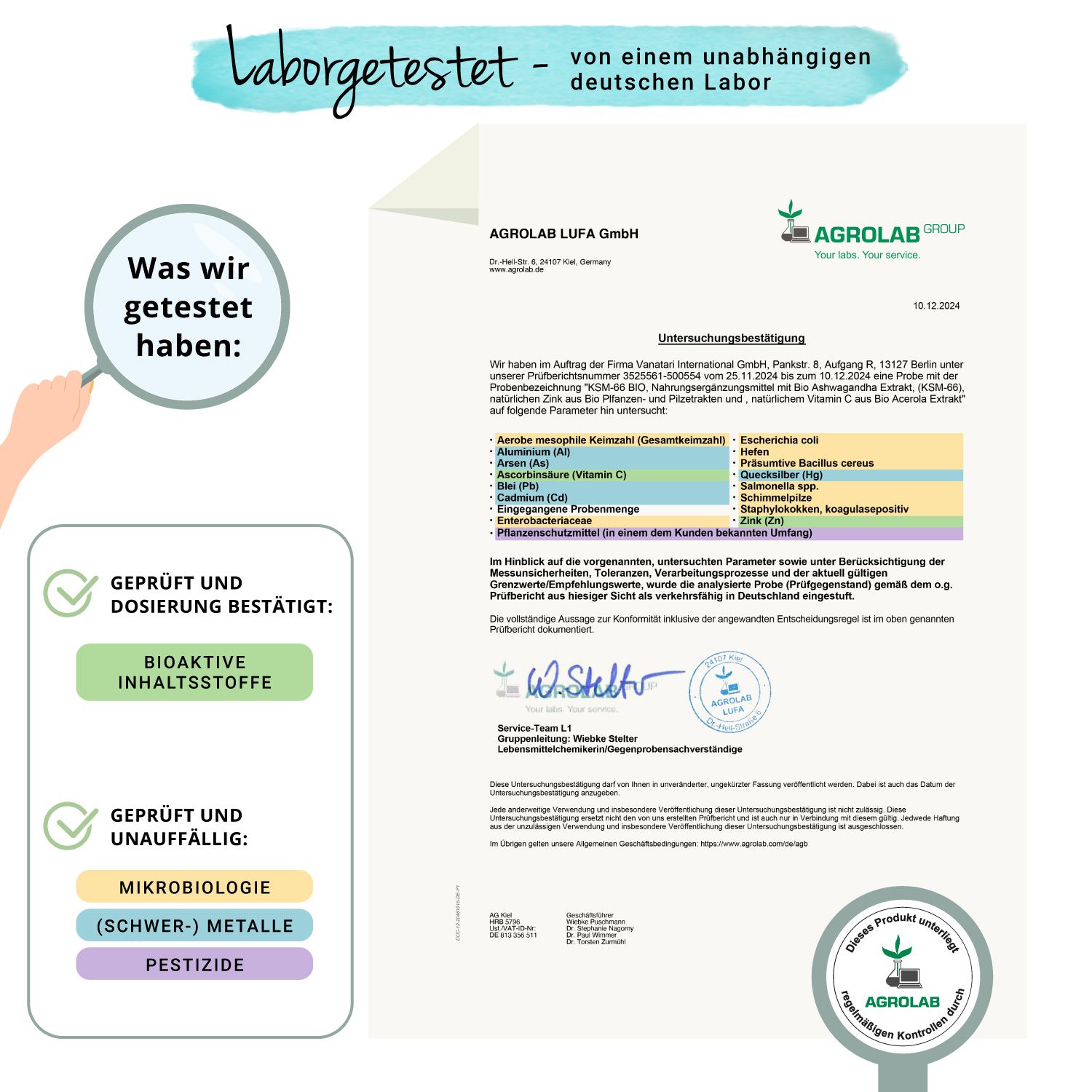 Zertifizierungsdokument von Agrolab. Bestätigung der Inhaltsstoffe und Dosierung. Mikrobiologie, Schwermetalle, Pestizide.