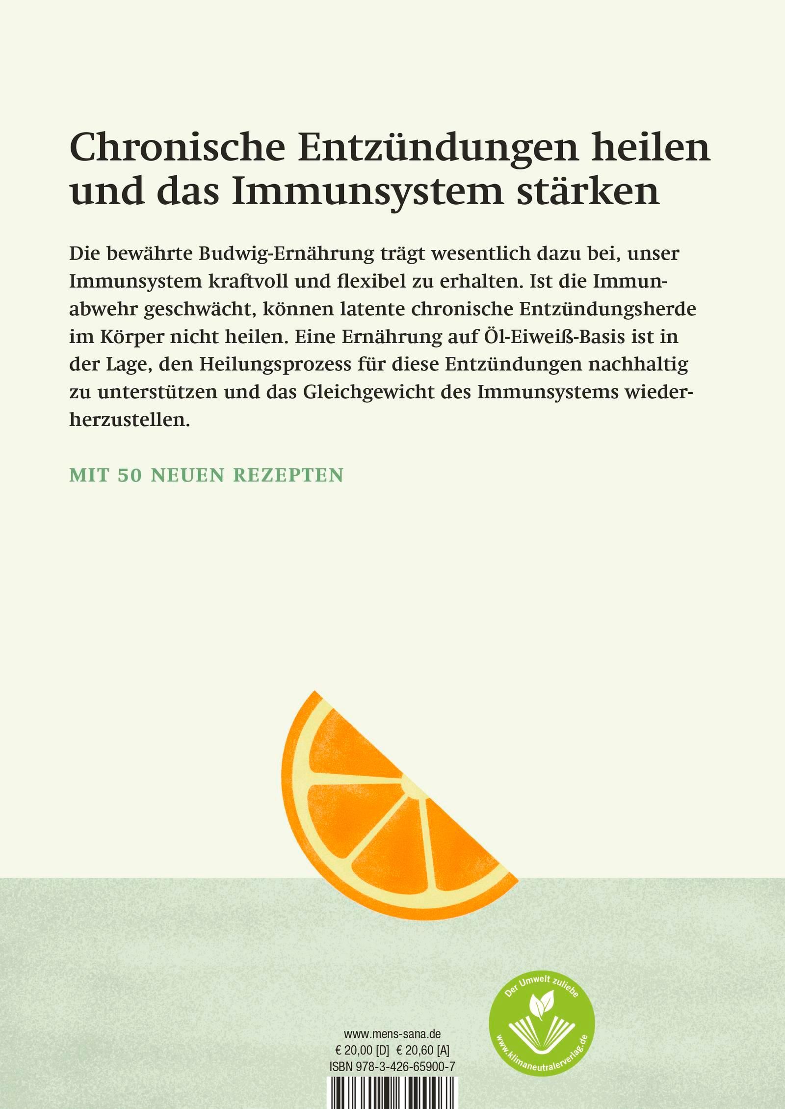 Rückseite des Buches « Wissen, was stärkt ». Text über die Budwig-Ernährung. Logo der Stiftung. Orange-Illustration.