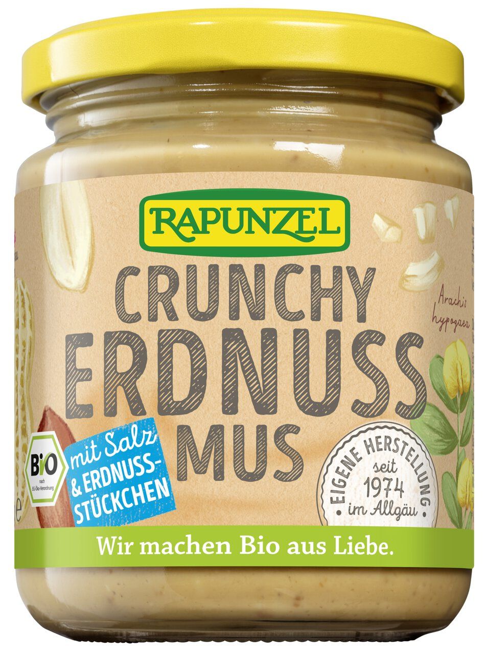 Rapunzel Erdnussmus Crunchy mit Salz und Erdnussstückchen im Glas. Bio-Produkt.