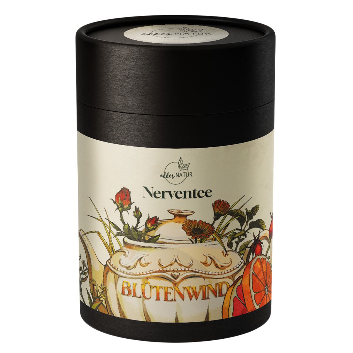 Zylindrische Teedose, schwarz mit Papierbanderole. Aufschrift: allesNATUR Nerventee Blütenwind. Illustration: Teekanne mit Blumen.