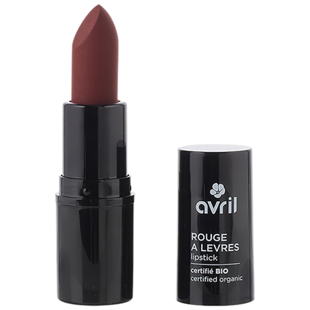 Schwarzer Lippenstift-Behälter mit geöffnetem Deckel. Sichtbar ist der Lippenstift in Bordeaux-Farbe. Aufschrift "avril", "Rouge a levres lipstick" und "certifié BIO".