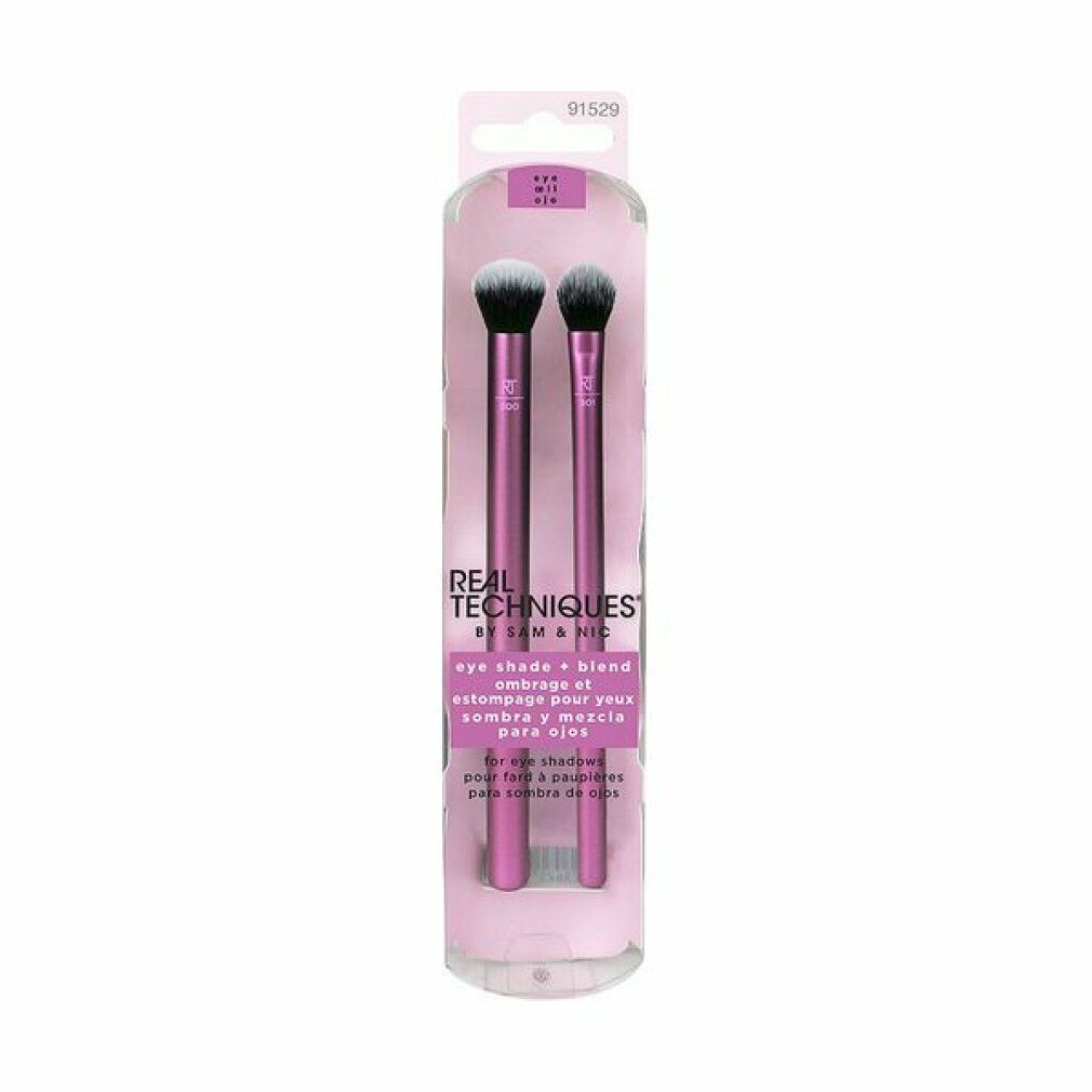 Set mit 2 Augen-Make-up-Pinseln in Verpackung. Marke: Real Techniques. Pinsel mit rosa Griffen und schwarzen Borsten.