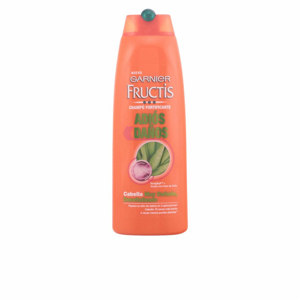 Orangefarbene Shampoo-Flasche. Garnier Fructis-Logo. Text: Adios Daños, Shampoo Fortificante.