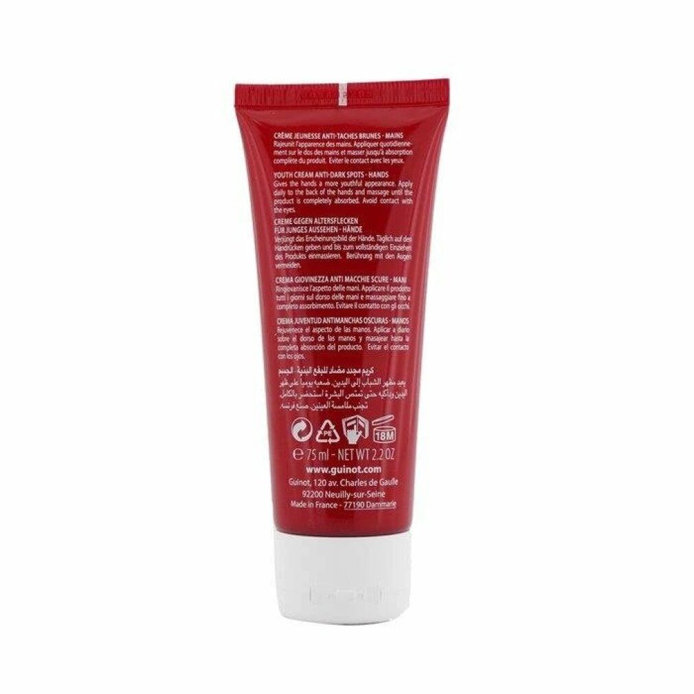 Rückseite des Tiegels Guinot Longue Vie Mains. Enthält Anweisungen, Inhaltsstoffe, 75 ml und Website-Informationen.