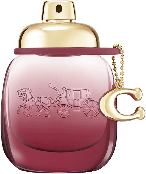 Verpackung in Rosa-Rot mit goldfarbenem Logo und Schriftzug. Auf der Verpackung steht "COACH NEW YORK" und "wild rose".