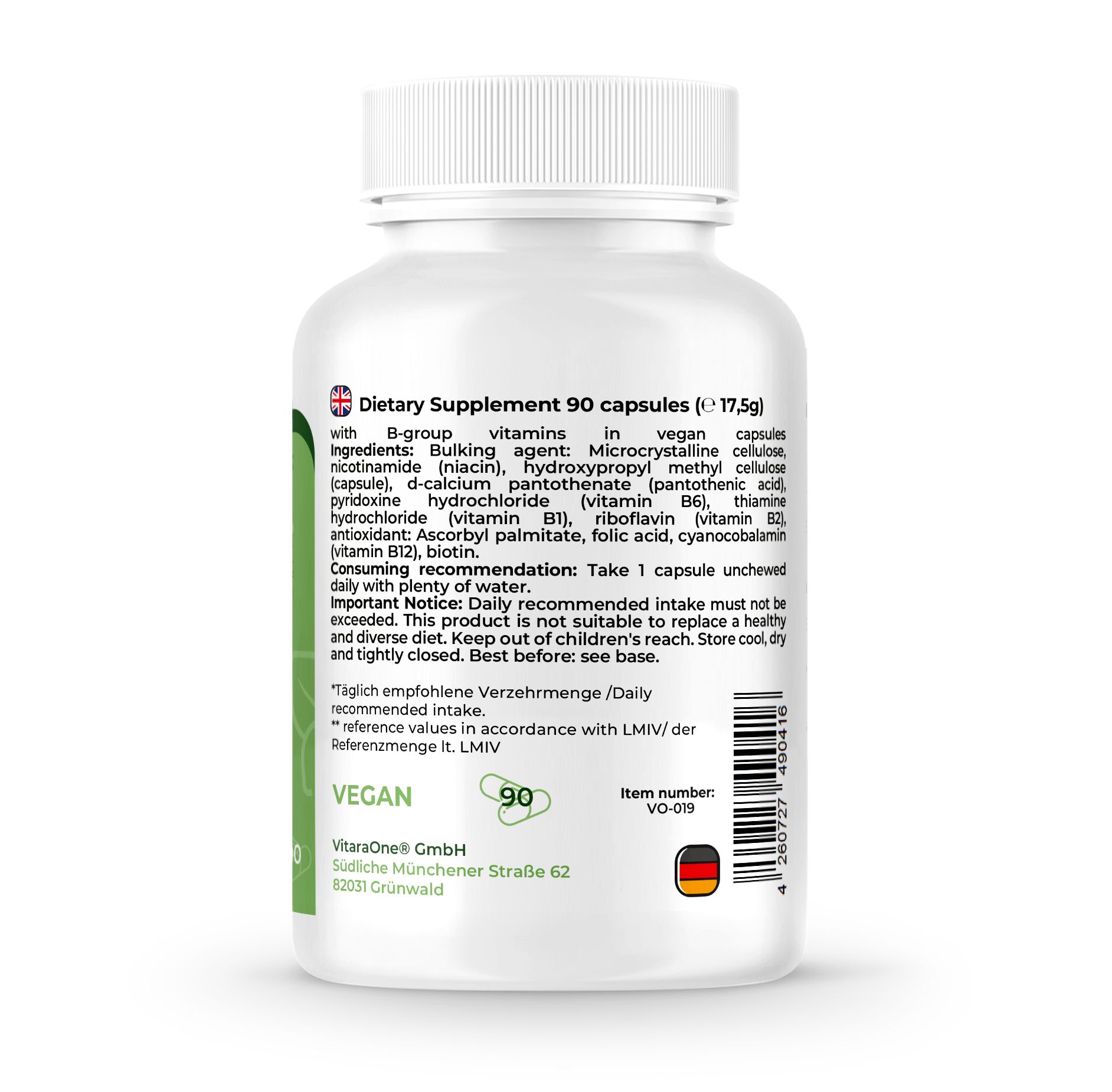 Rückseite der Flasche. Enthält Inhaltsstoffe und Verzehrempfehlung. 90 Kapseln. Vegan.
