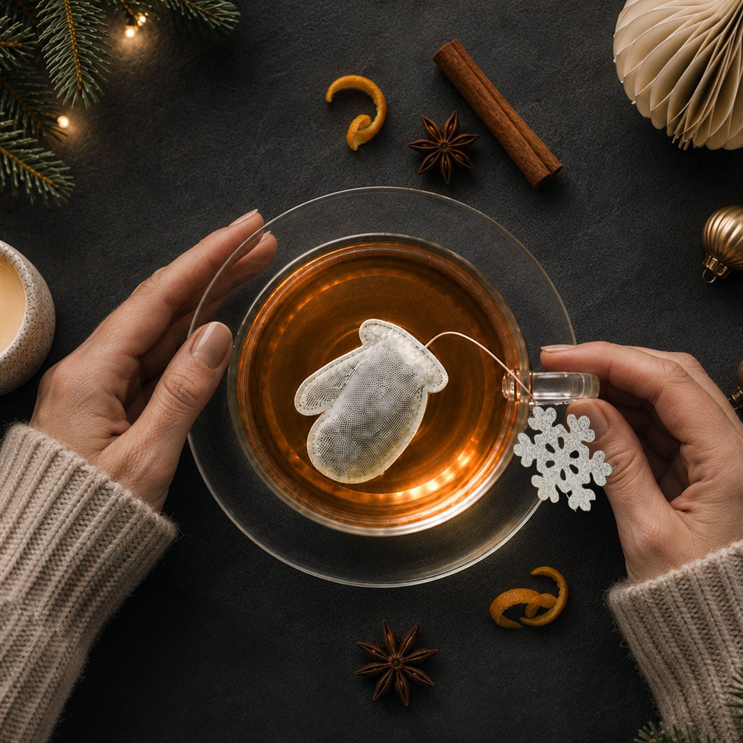 Eine Tasse Tee mit einem Teebeutel in Form eines Fäustlings und einer Schneeflocken-Anhänger. Winterliche Deko.