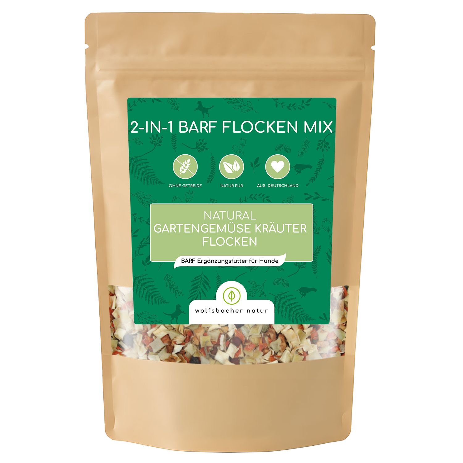 Beutel mit "Natural Gartengemüse Kräuter Flocken". Grün-weißes Etikett mit Produktinformationen. Sichtbares Futtergemisch.