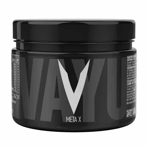 Schwarzer Behälter mit weißem V-Logo und Schriftzug META X. Aufschrift VAYU. Produktinformationen auf der Seite.