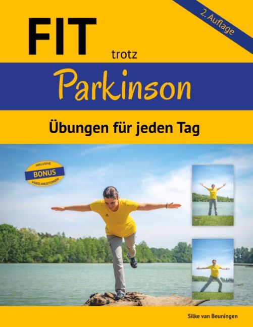 Buchcover mit Titel "FIT trotz Parkinson". Untertitel: Übungen für jeden Tag. Abbildung einer Person bei einer Übung.