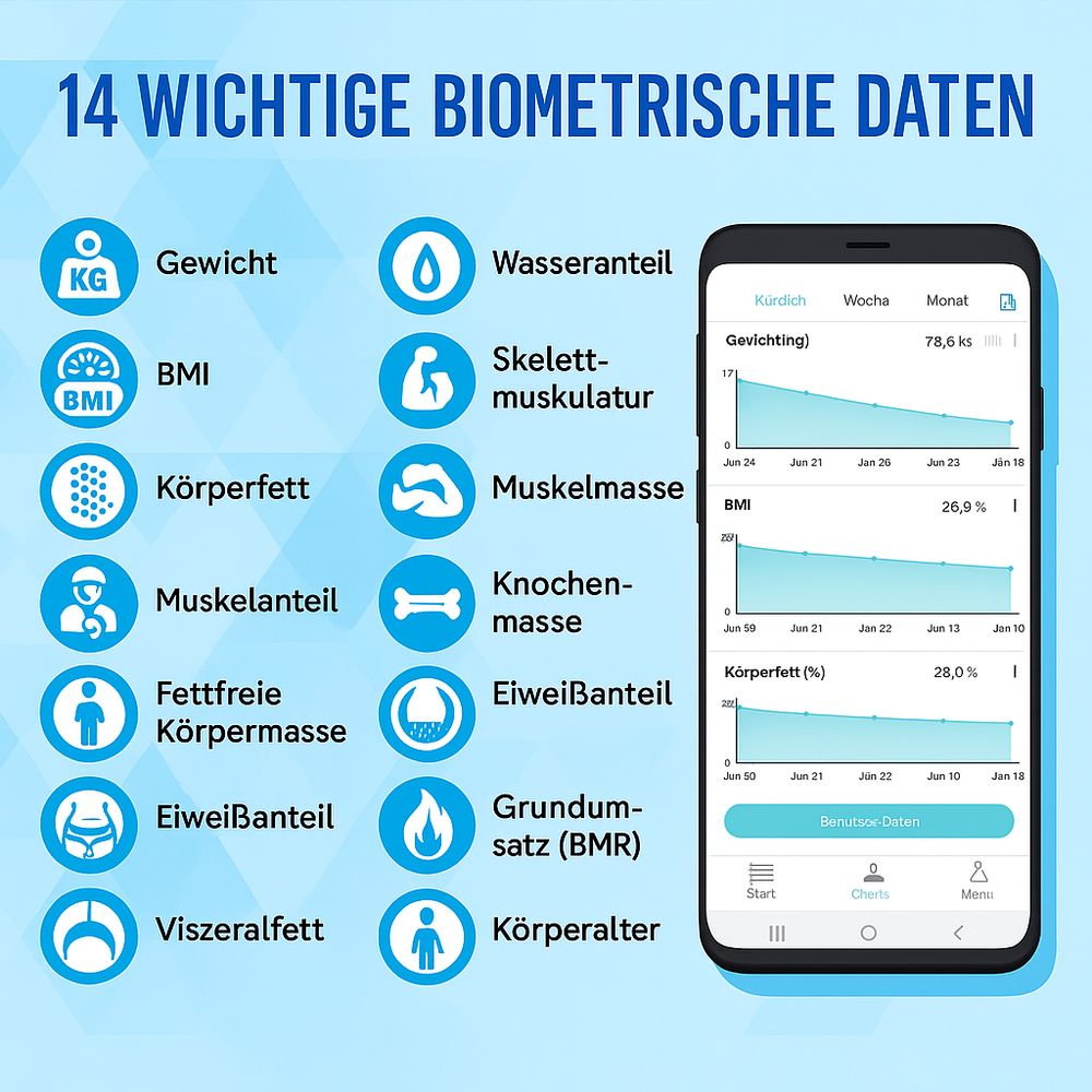 Smartphone zeigt 14 biometrische Daten: Gewicht, BMI, Körperfett, Muskelanteil, u.a. Diagramme und Icons.