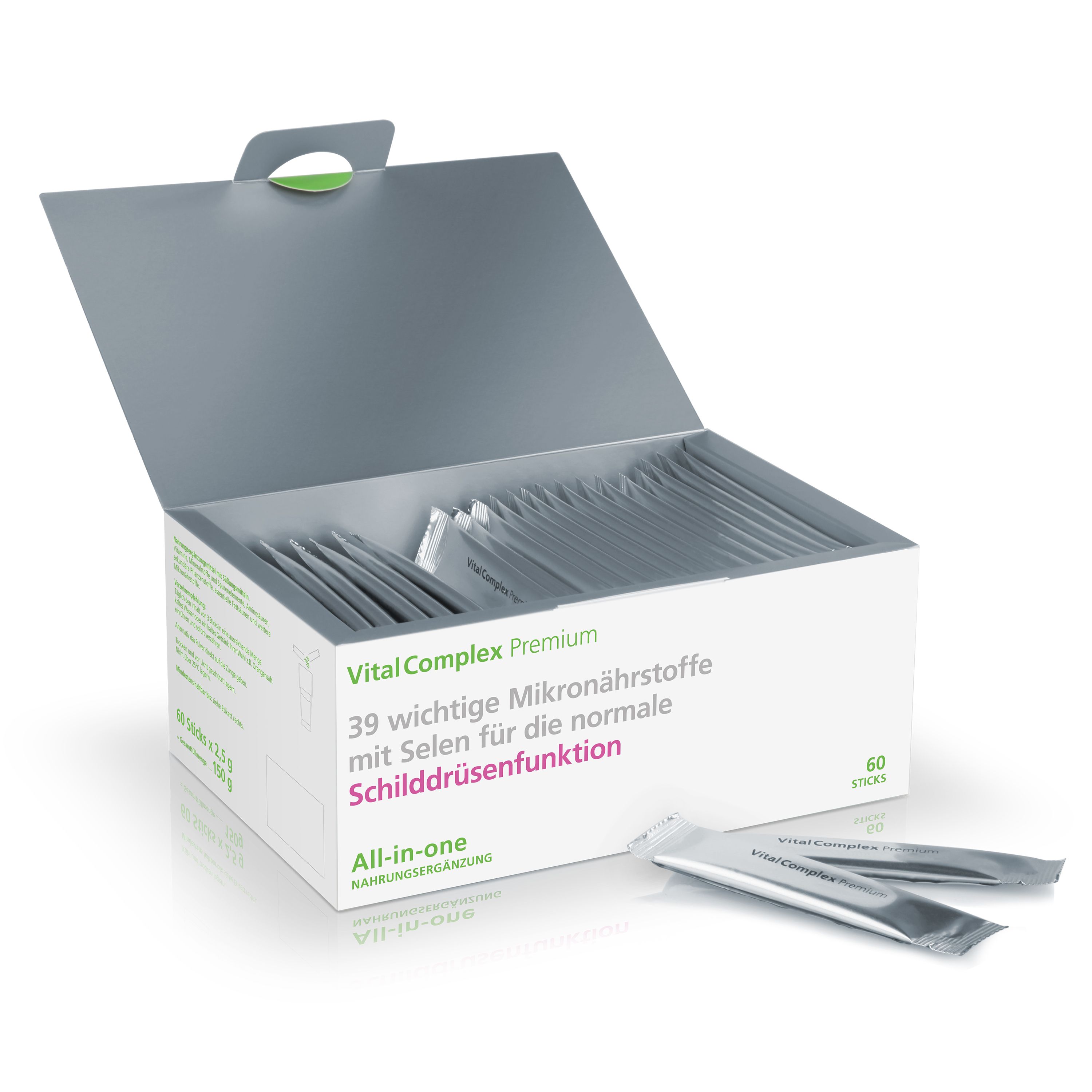 Geöffnete weiße Schachtel mit Sticks. Aufschrift: Vital Complex Premium, 39 Mikronährstoffe mit Selen für die normale Schilddrüsenfunktion. 60 Sticks.