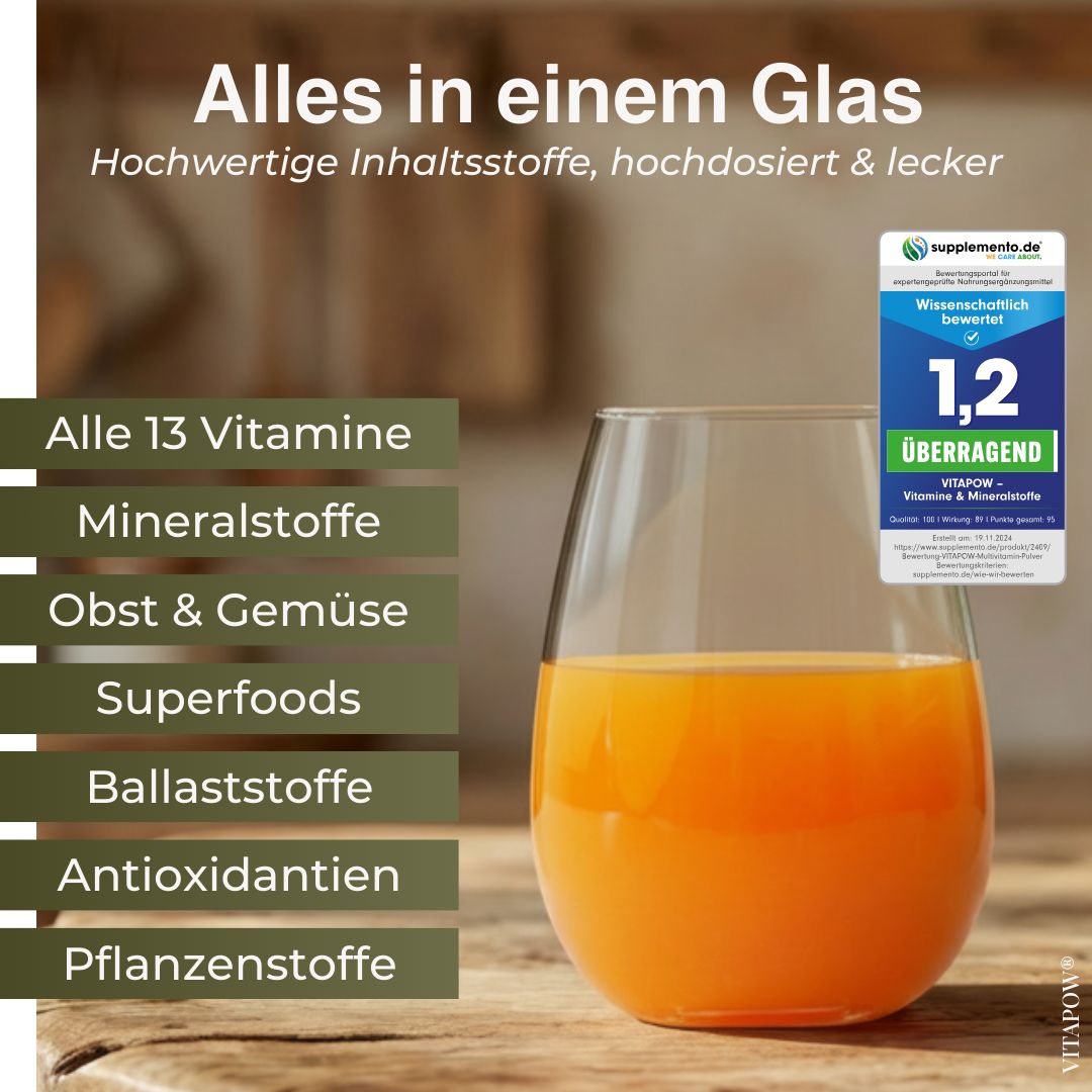 Glas mit orangenem Getränk. Text: Alle 13 Vitamine, Mineralstoffe, Obst & Gemüse, Superfoods, Ballaststoffe, Antioxidantien, Pflanzenstoffe. Siegel.
