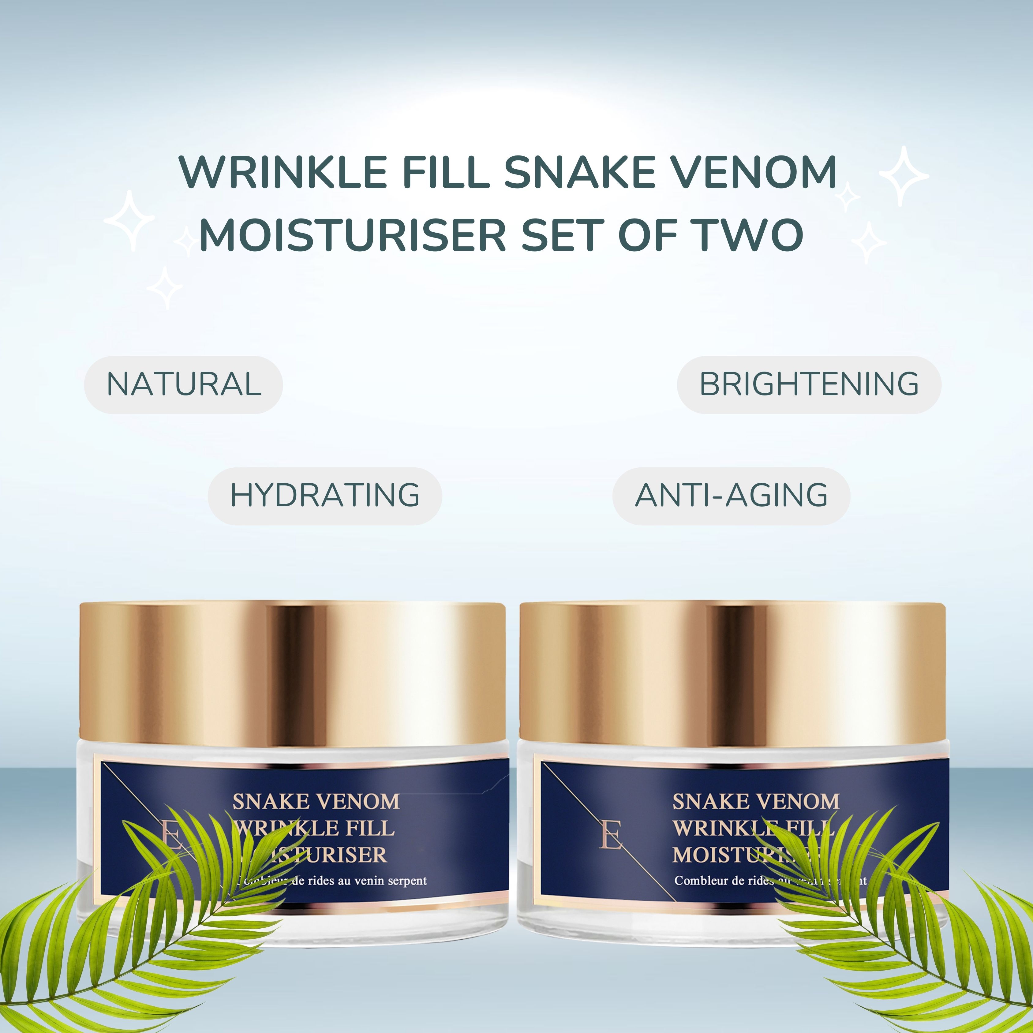 Zwei Tiegel Feuchtigkeitscreme mit goldfarbenen Deckeln. Aufschrift: Snake Venom Wrinkle Fill Moisturiser. Set of Two.