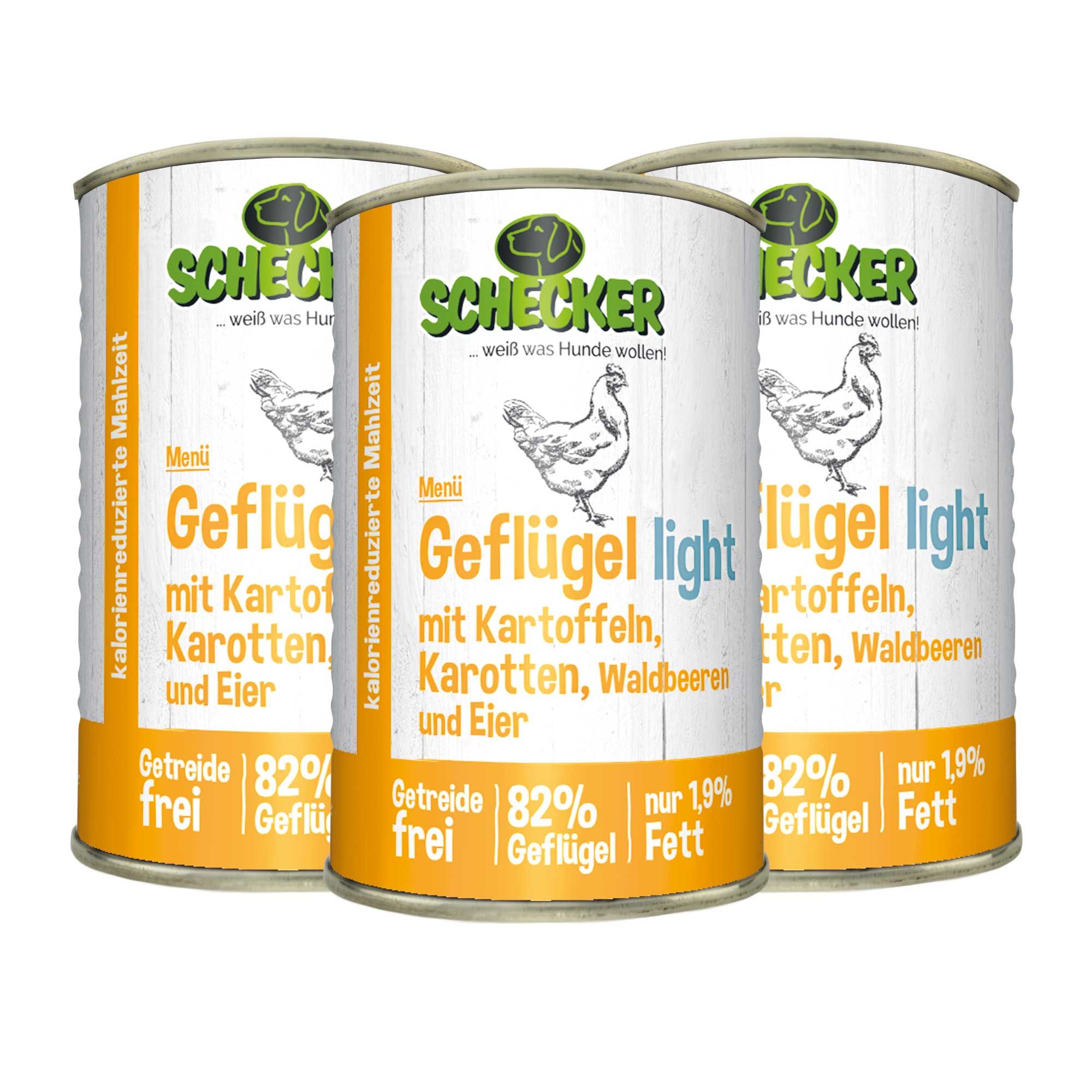 Drei Dosen Schecker Fleischtopf Menü, Geflügel light. Aufschrift: Kalorienreduzierte Mahlzeit, 82% Geflügel, nur 1,9% Fett.