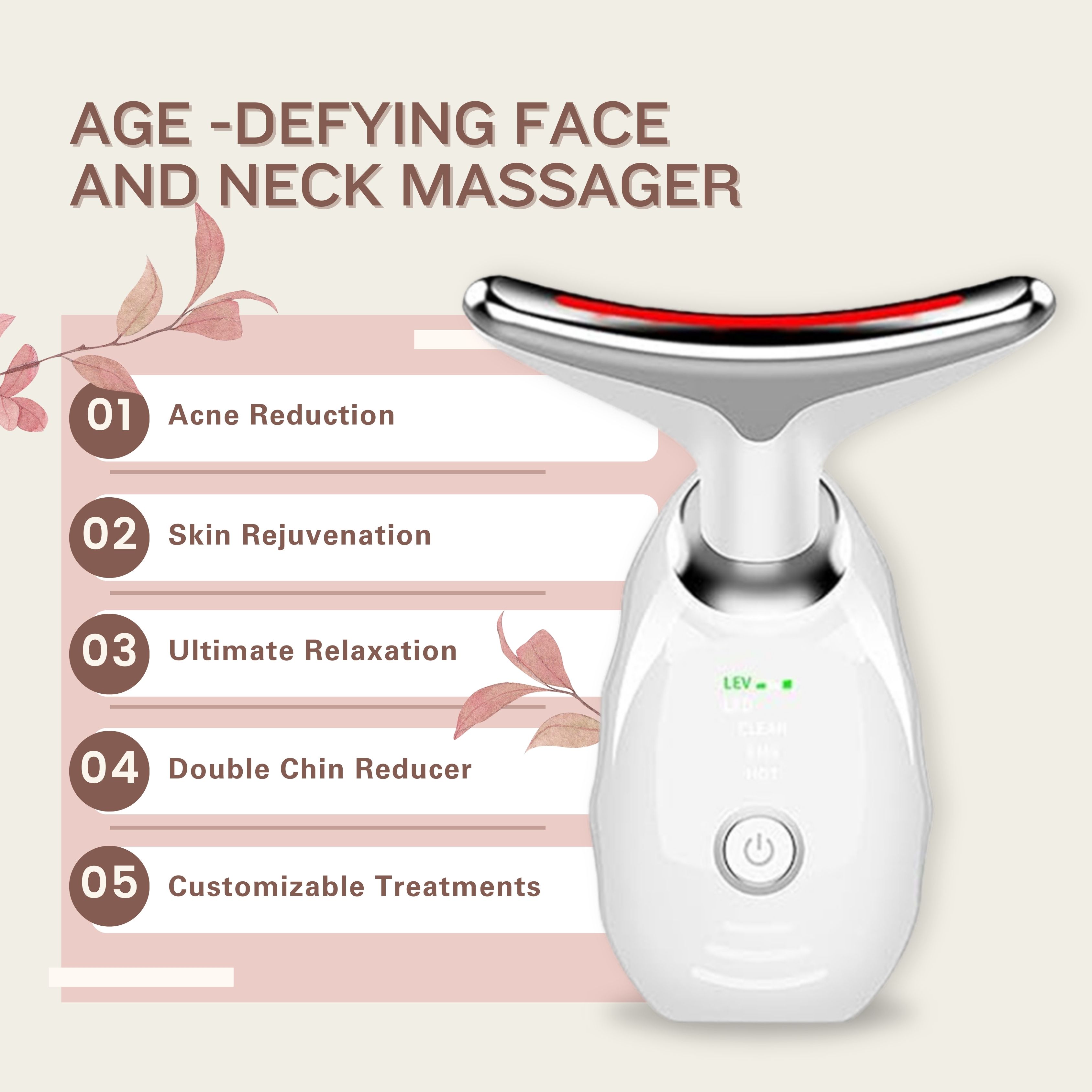 Weißes Gesichts- und Halsmassagegerät mit rotem Licht. Aufschrift: "Age-Defying Face and Neck Massager".