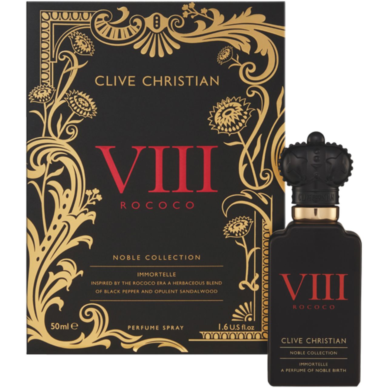 Schwarze Schachtel und Flakon. Goldene Verzierungen. Flakon: VIII ROCOCO, Clive Christian. Schachtel: 50ml, 1.6 US fl.oz. Immortelle.