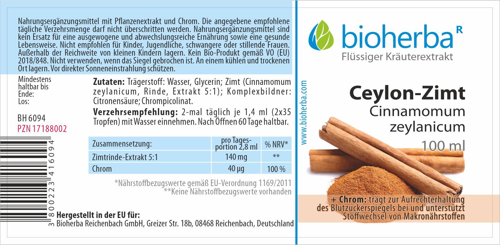 Ceylon-Zimt Cinnamomum zeylanicum Tropfen Tinktur 100 ml PZN 17188002