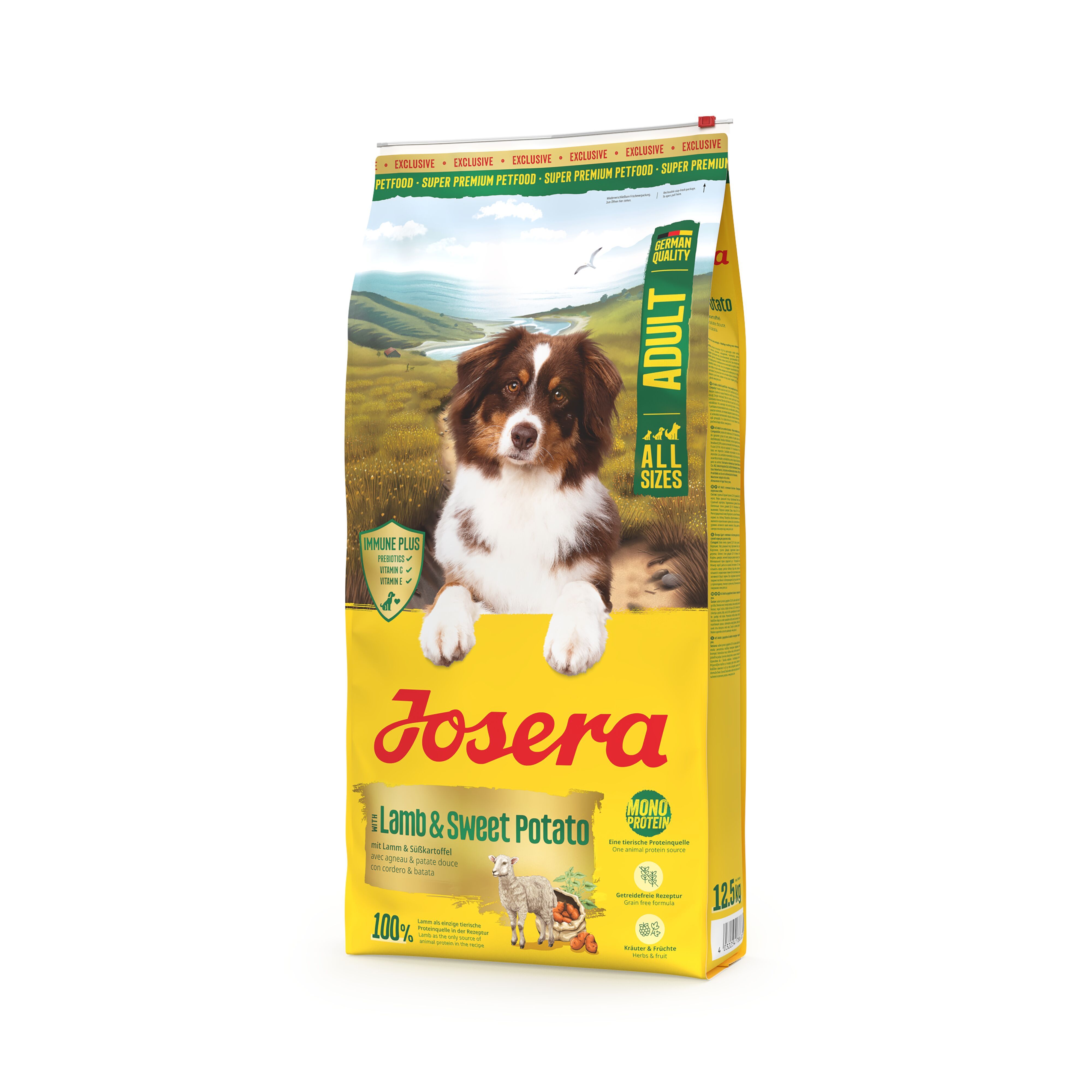 Gelber Beutel JOSERA Adult Lamb & Sweet Potato. Hund auf der Verpackung. Text: Junior Quality, 12,5 kg.
