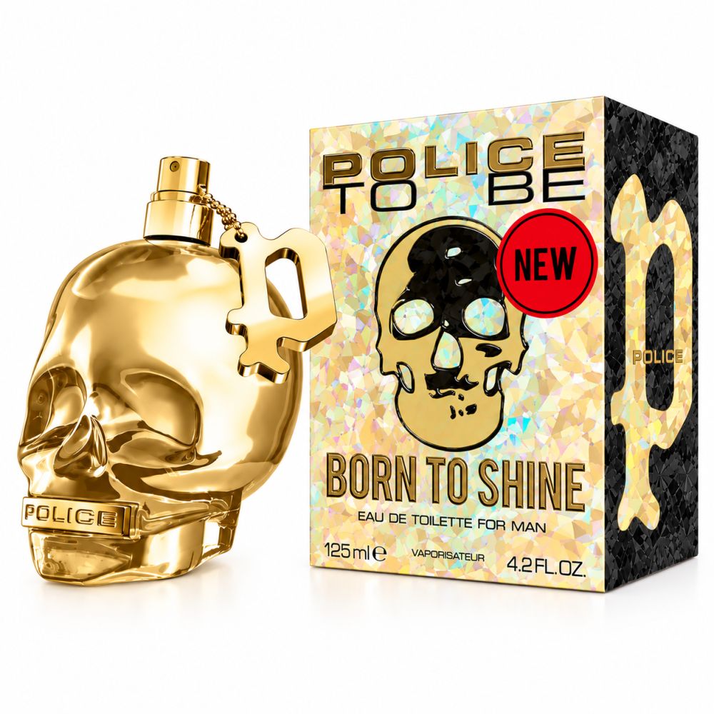 Goldene Totenkopf-Parfümflasche "Born to Shine" mit Verpackung. 125ml Eau de Toilette für Herren.