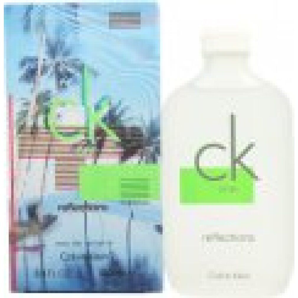 CK One Reflections E.d.T. Nat. Spray Flakon und Verpackung. Weißes Flakon, Verpackung mit Palmenmotiv. Calvin Klein.