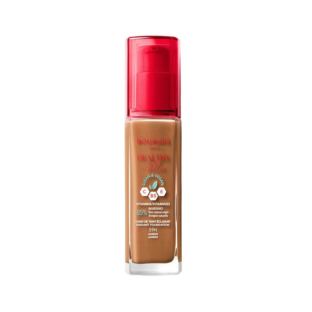 Foundation-Flakon mit rotem Deckel. Aufschrift: Bourjois Healthy Mix. Enthält Vitamine. Farbton Amber.