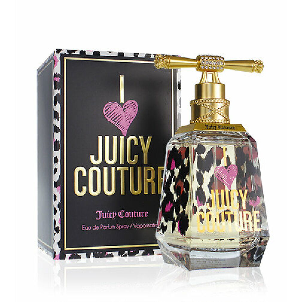 Juicy Couture Eau de Parfum Spray und Verpackung. Flakon mit Leopardenmuster, goldener Verschluss. Schwarze Verpackung mit Logo.