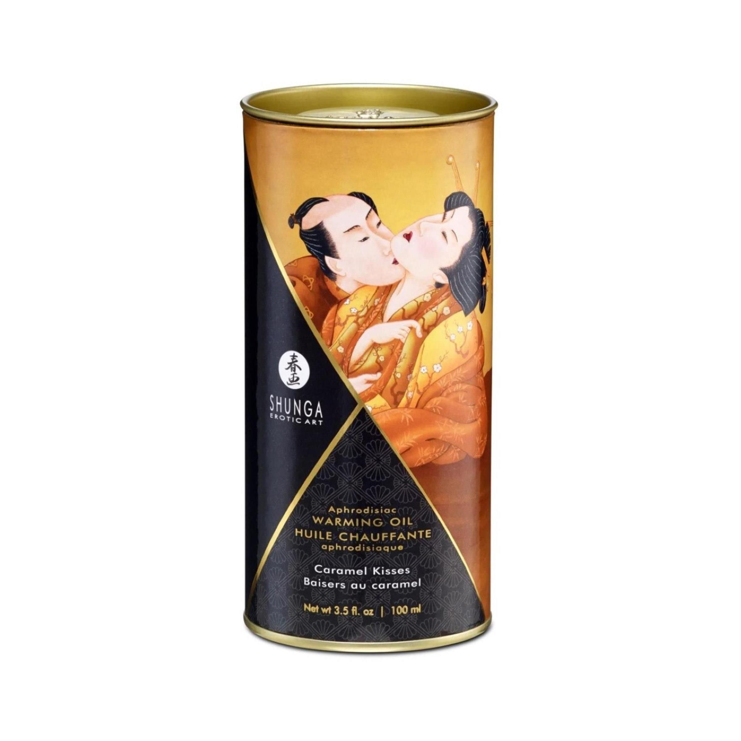 Zylindrische Dose mit goldfarbenem Deckel. Abbildung eines küssenden Paares. Schwarzes Etikett mit Produktinformationen.