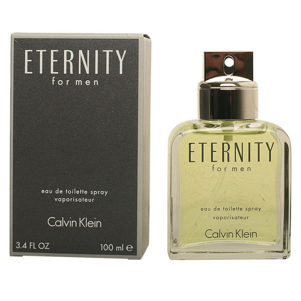 Flakon und Schachtel. Aufschrift: ETERNITY FOR MEN, Eau de Toilette Spray, CALVIN KLEIN. Volumen: 100 ml, 3.4 FL OZ. Schwarze Schachtel.
