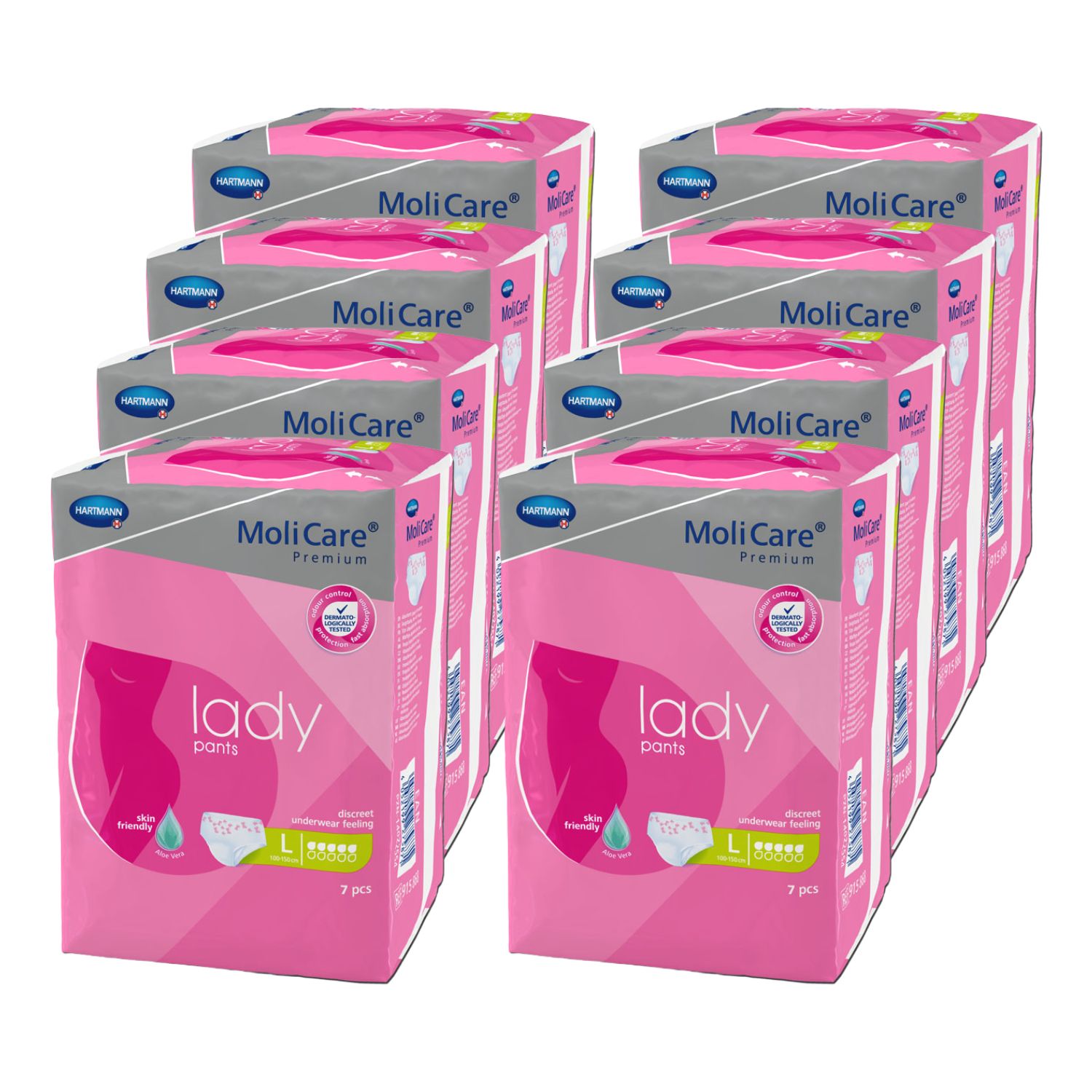 Mehrere Packungen MoliCare Premium Lady Pants. Rosa Verpackung mit Produktbezeichnung und Logo. Größe L, 5 Tropfen.
