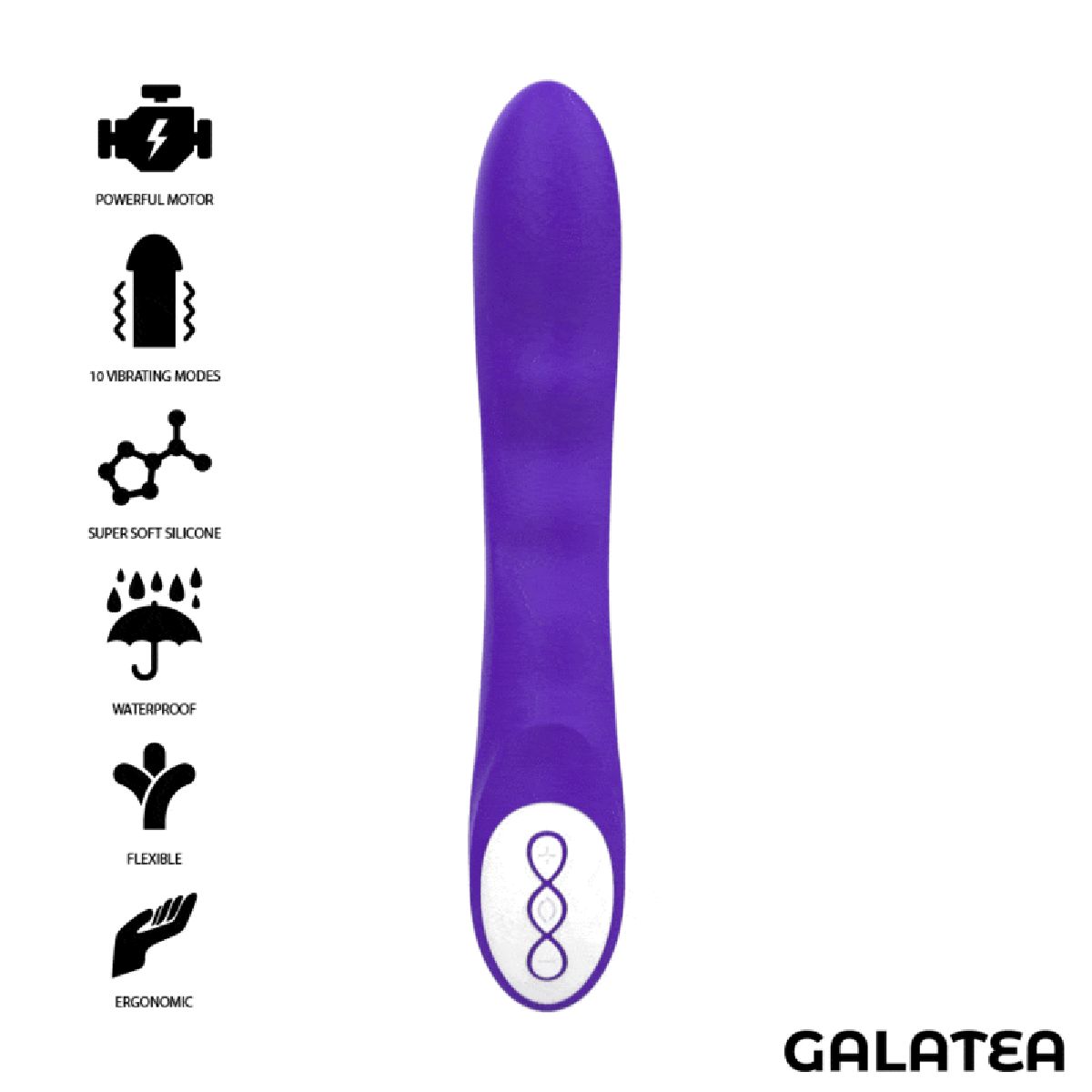 Lila Vibrator mit weißem Bedienfeld und Galatea-Logo. Symbole zeigen Funktionen wie 10 Modi, wasserdicht und ergonomisch.