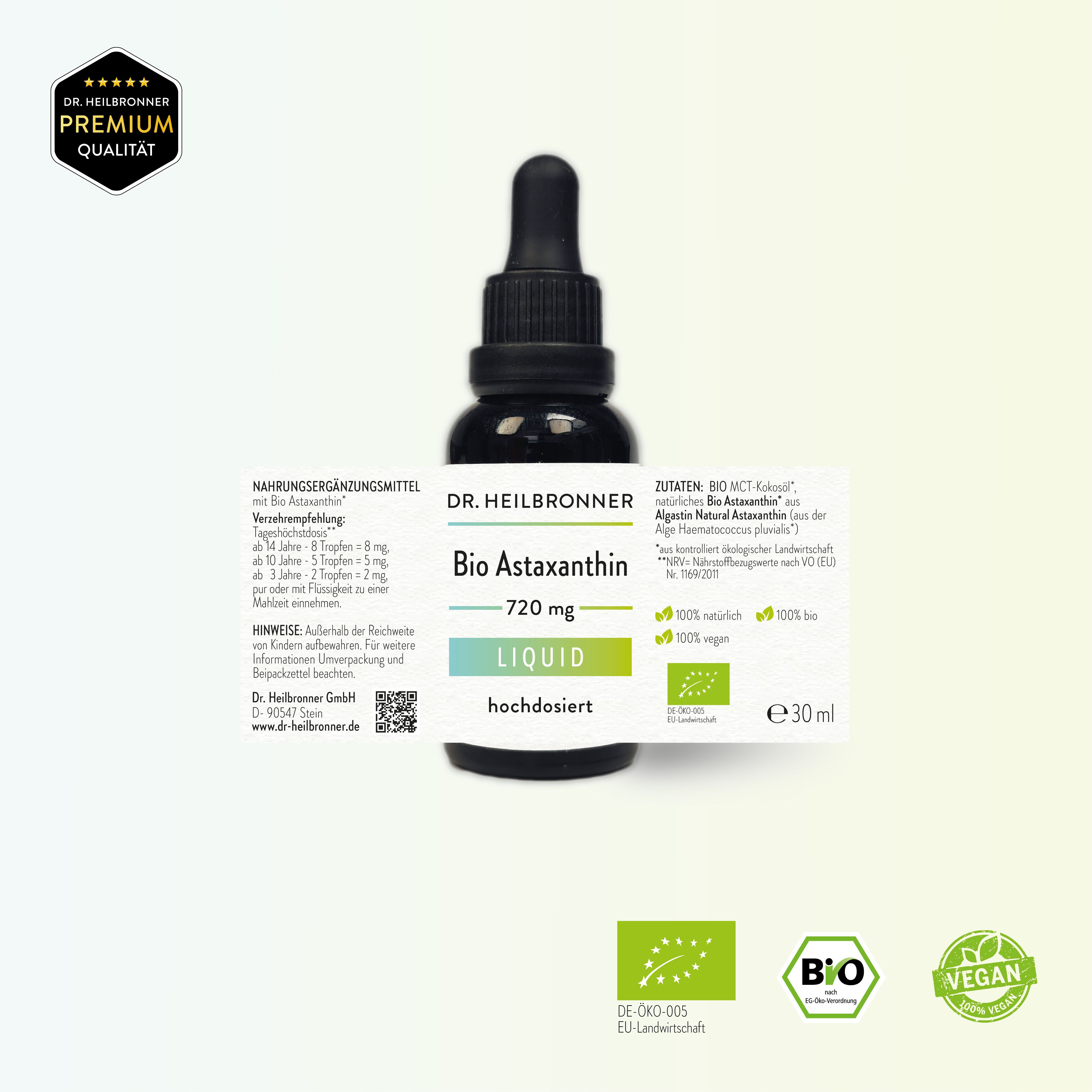 Braune Glasflasche mit schwarzem Tropfer. Beschriftung: Bio Astaxanthin Liquid, 720 mg, 30 ml. Bio-Siegel, Vegan-Siegel. Premium Qualität.