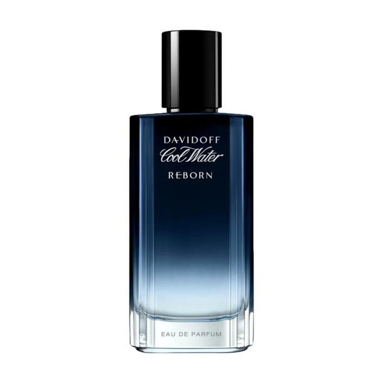 Davidoff Cool Water Reborn Flakon. Rechteckige Form, Farbverlauf von Blau nach Transparent. Schwarzer Verschluss. Schriftzug.