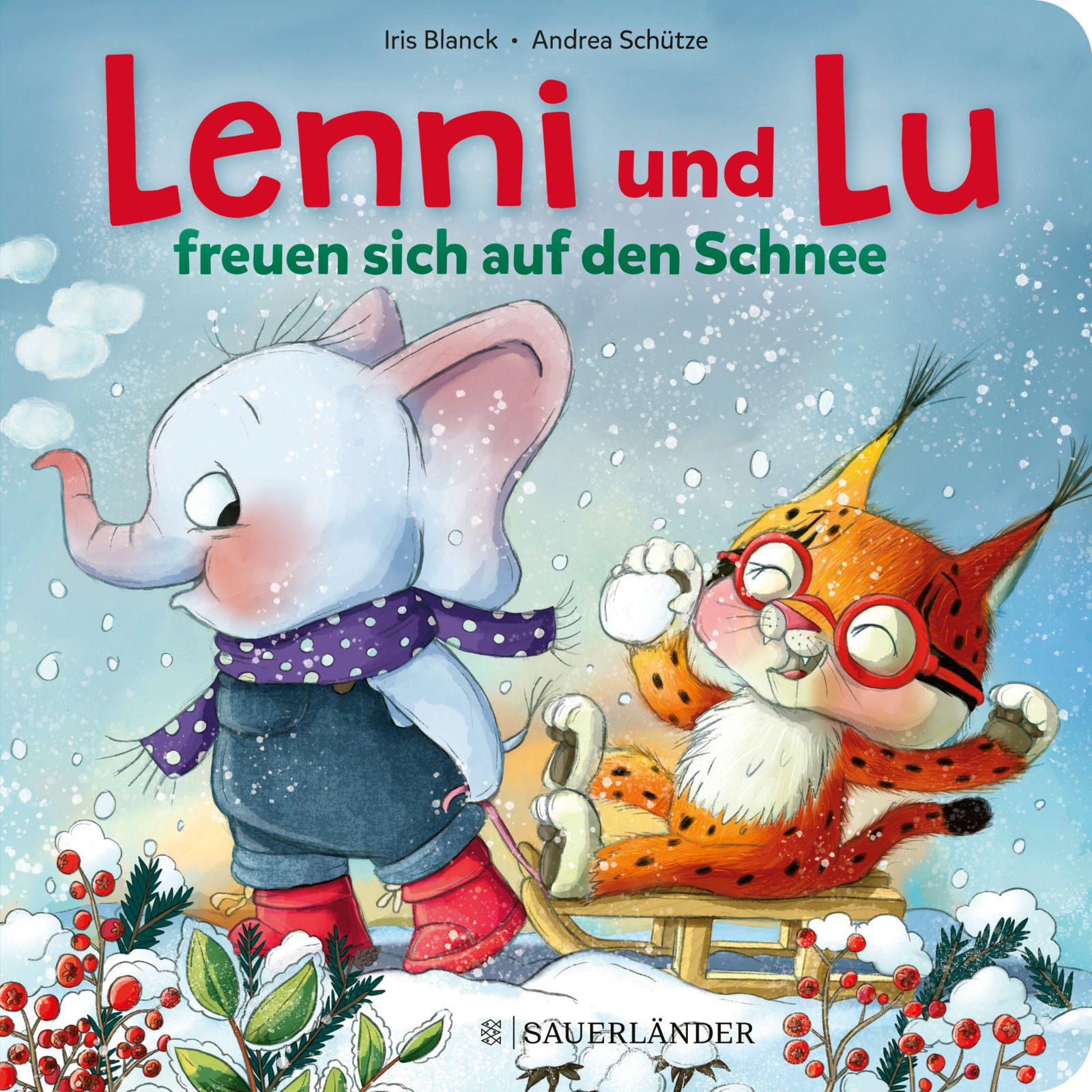 Buchcover mit Illustrationen von Lenni und Lu im Schnee. Ein Elefant und ein Luchs sitzen auf einem Schlitten.