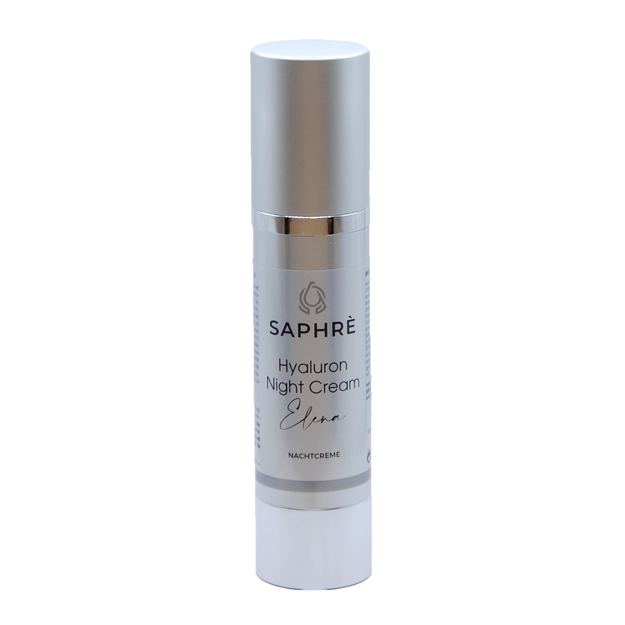 Creme-Flakon mit silberfarbenem Deckel. Beschriftung: Saphre Hyaluron Night Cream Elena. Nachtcreme.