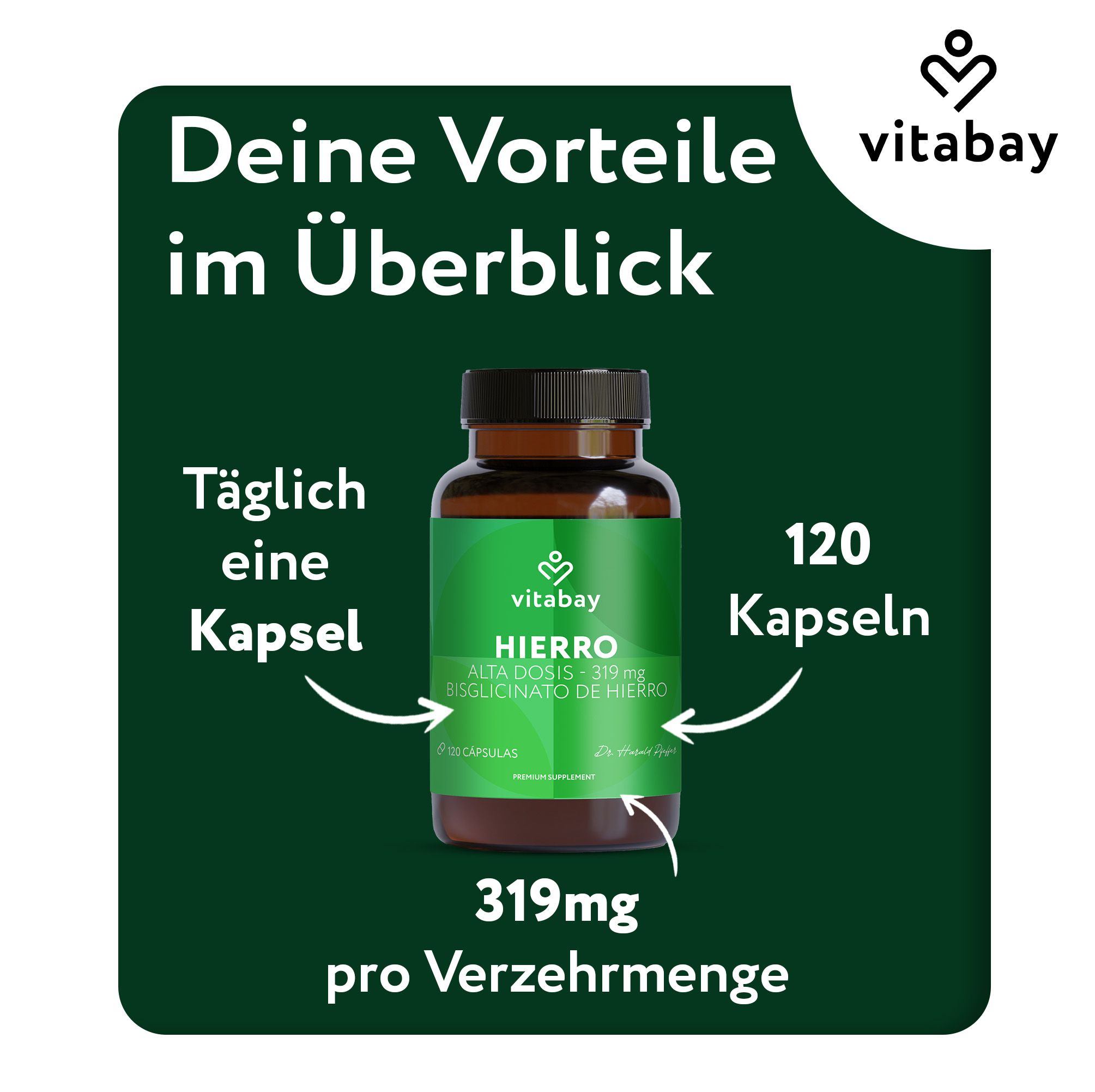 Vitabay Eisen Kapsel: 319 mg pro Verzehrmenge, 120 Kapseln. Täglich eine Kapsel.