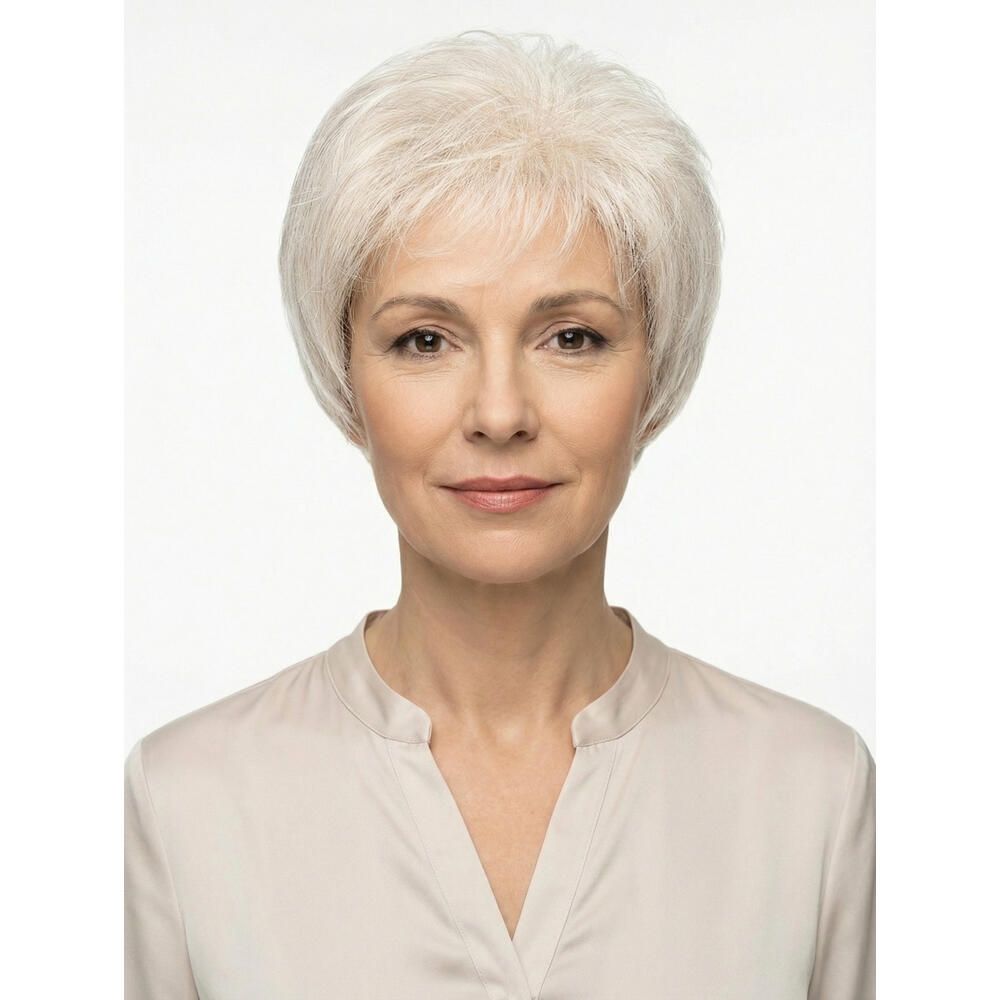 Frau mit Perücke, hellgraues Haar, kurzer Schnitt. Trägt helles Hemd. Frontalansicht.
