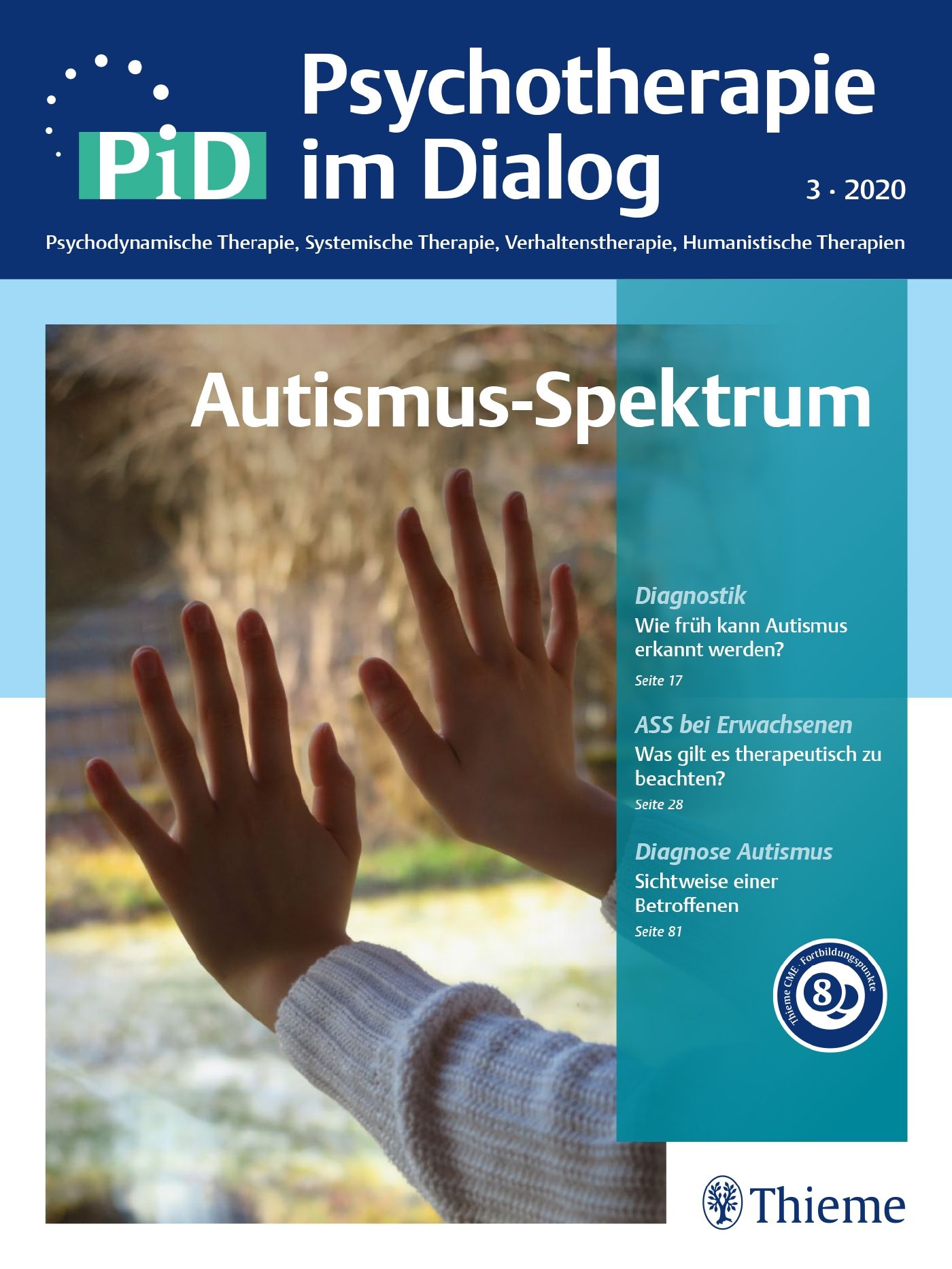 Zeitschrift "Psychotherapie im Dialog". Titel: Autismus-Spektrum. Hände an Glas. Artikel zu Diagnose und Therapie.