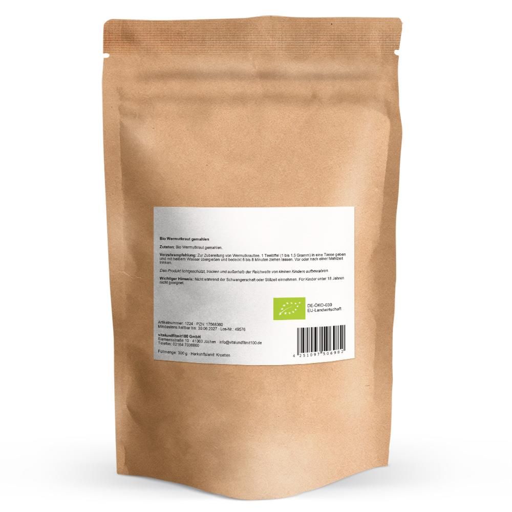 Rückseite einer braunen Tüte. Weißes Etikett mit Text und Bio-Siegel. Barcode.