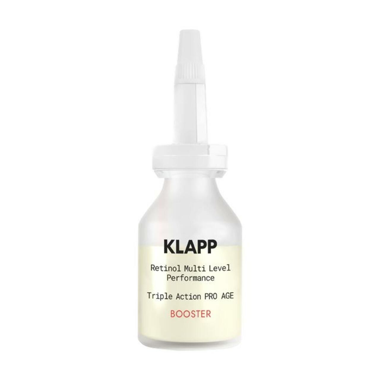 Klapp Booster-Flasche mit weißem Etikett. Text: Retinol Multi Level Performance, Triple Action PRO AGE BOOSTER.