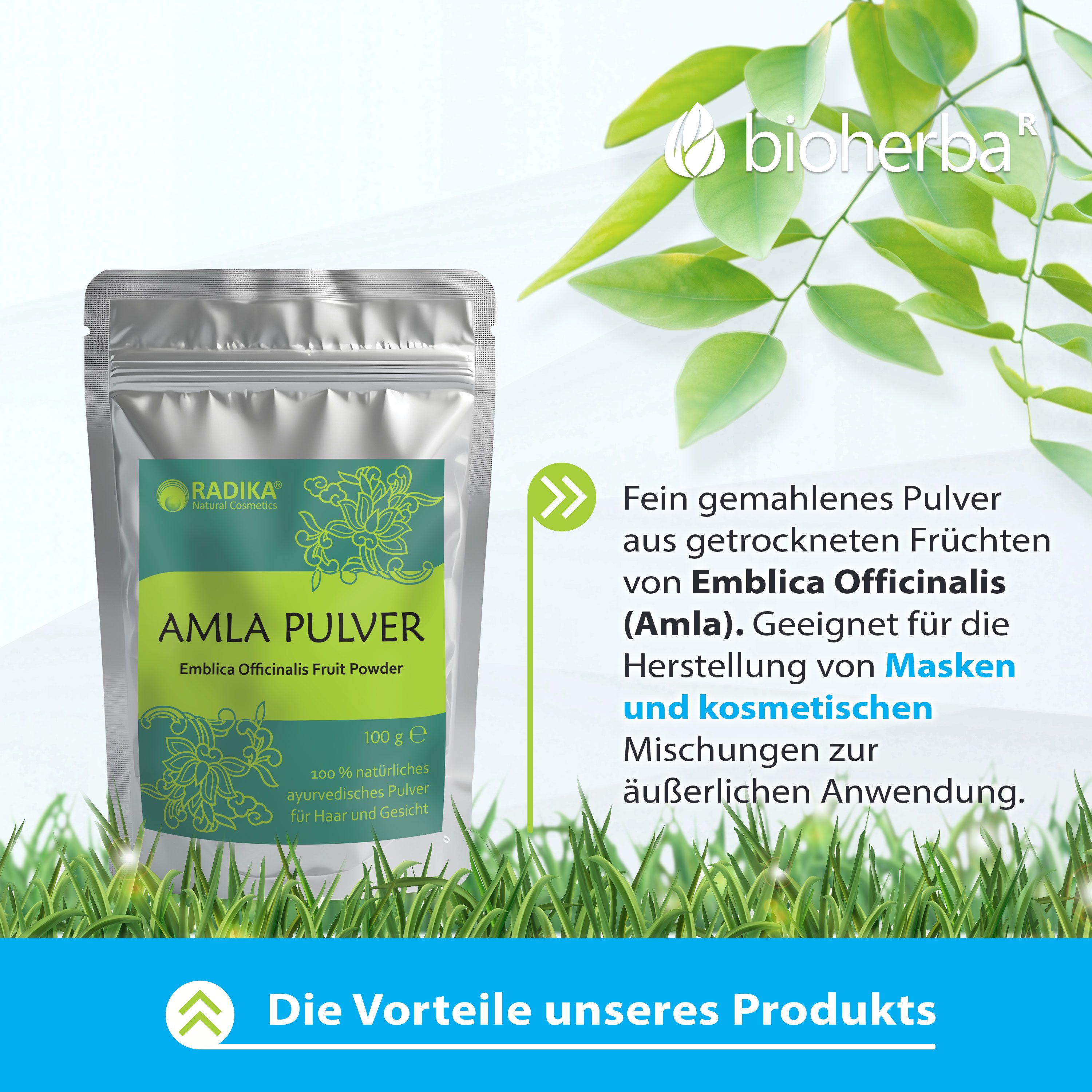 Silberfarbener Beutel mit grünem Etikett. Text: Amla Pulver, Emblica officinalis. Logo: Radika. Aufdruck: 100 g. Produkt auf Gras.