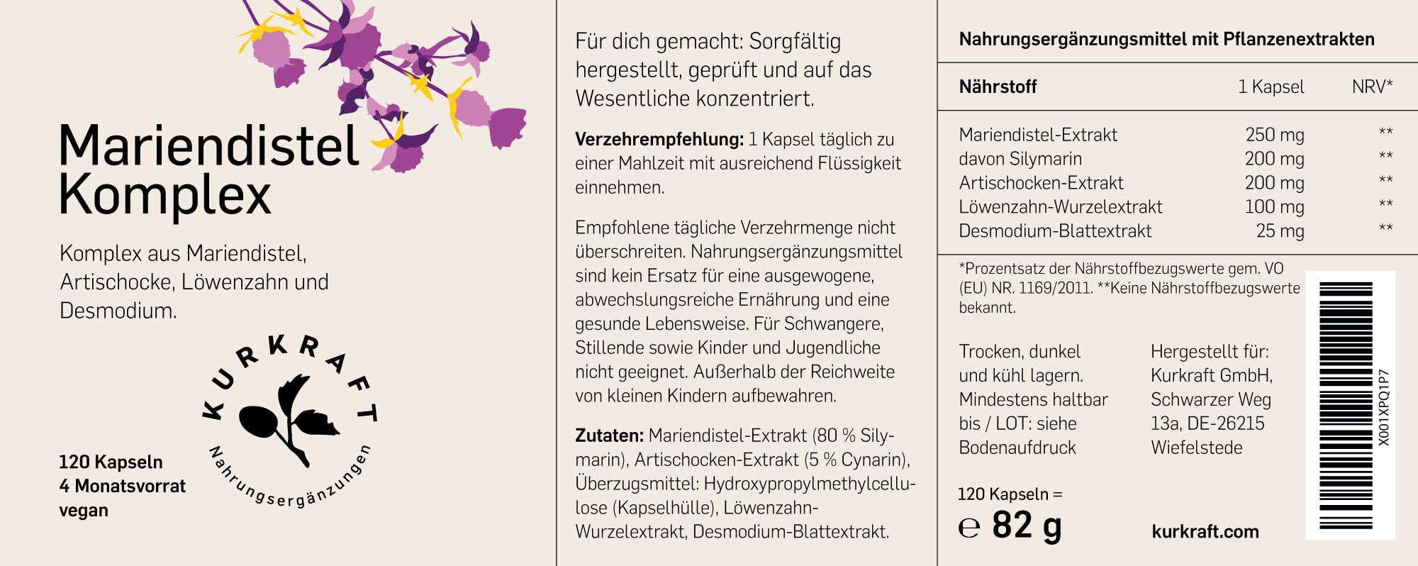 Etikett mit Produktname, Inhaltsstoffen und Nährwertangaben. Text: 120 Kapseln, vegan. Logo. Herstellerinformationen.