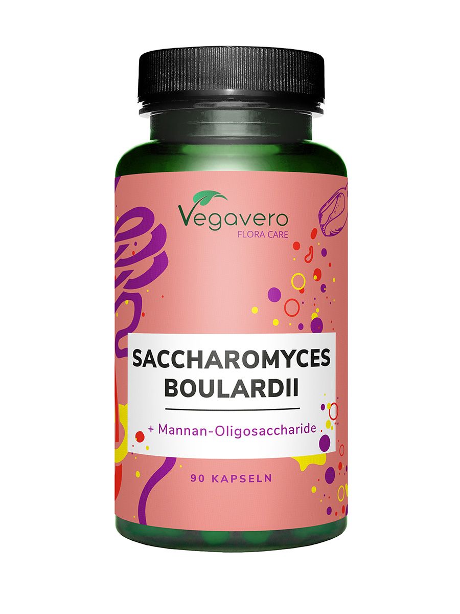 Flasche mit Kapseln. Aufschrift: Saccharomyces boulardii + Mannan-Oligosaccharide. 90 Kapseln. Marke: Vegavero.