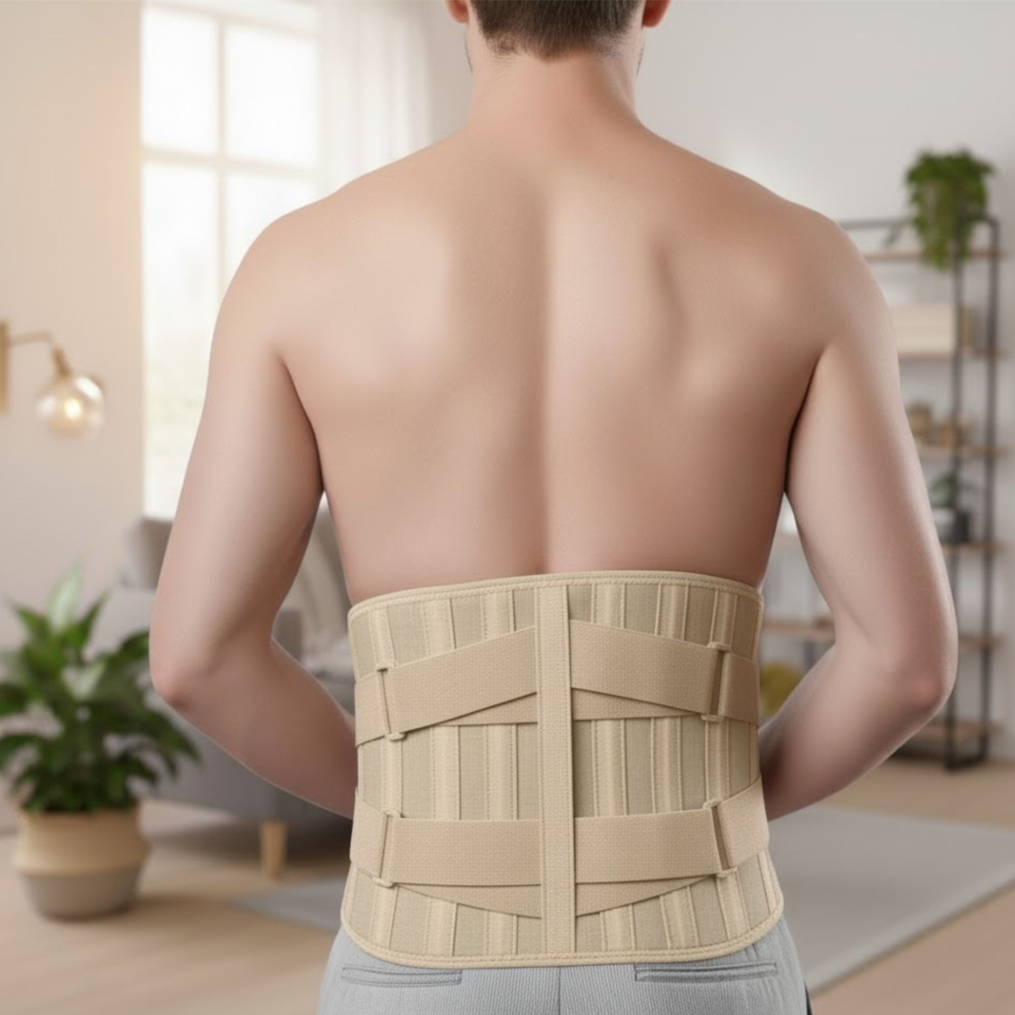 Rückenbandage am Rücken einer Person. Beige, mit Gurten. In Wohnzimmerumgebung.