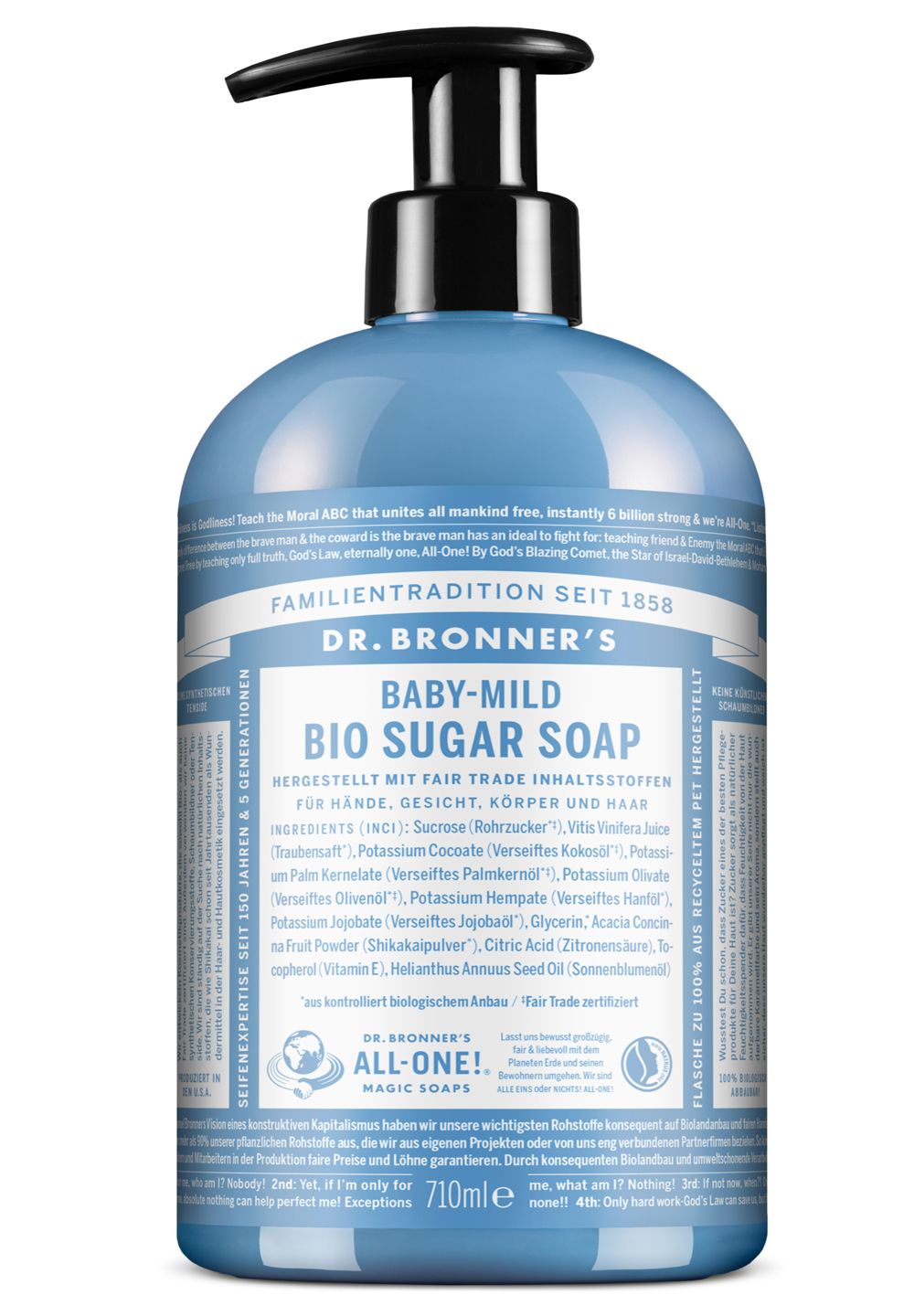 Blaue Flasche mit schwarzem Spender. Beschriftung: Dr. Bronner's Baby-Mild Bio Sugar Soap. 710ml.